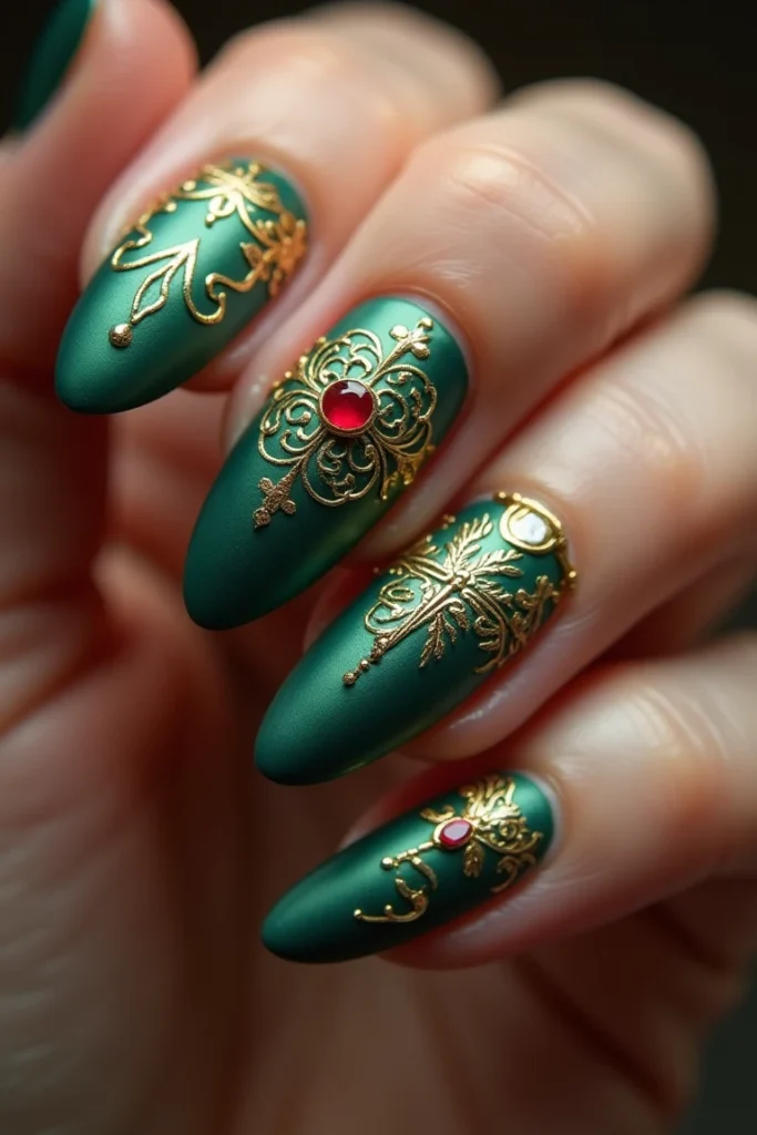 Emerald Victorian Christmas Nails