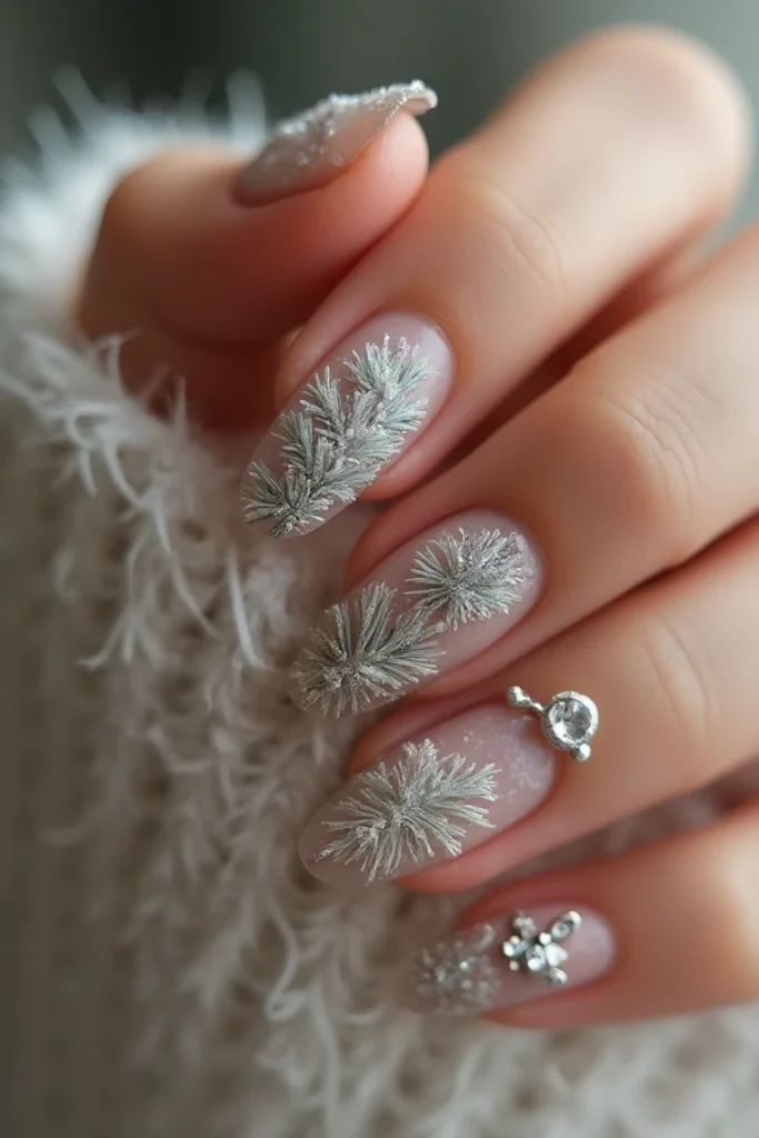 Frosted Pine Branch Elegance nail design