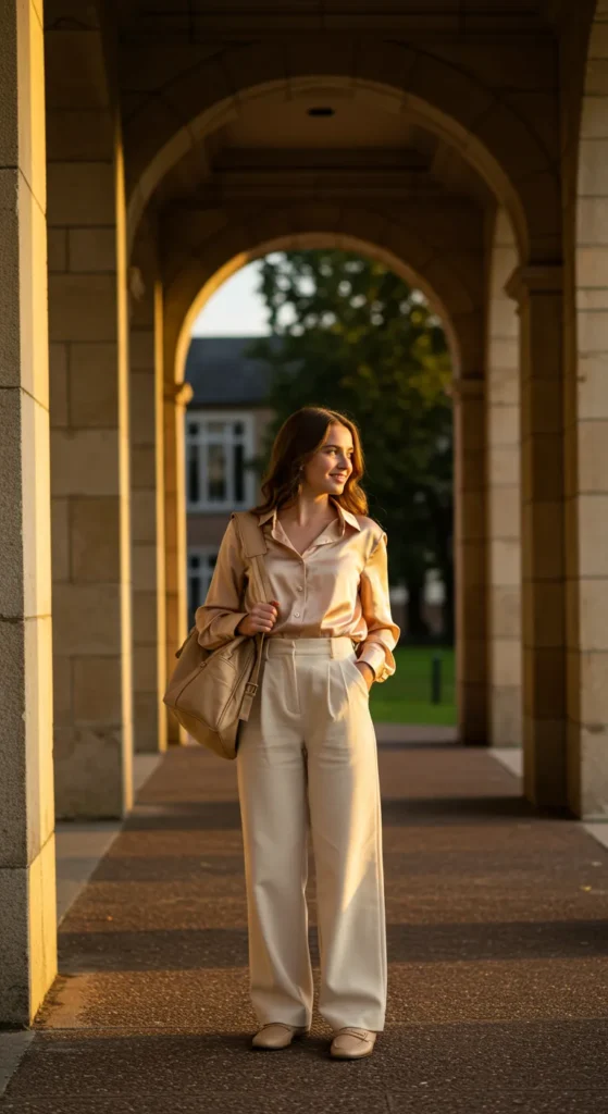 Silk Blouse Tucked into Wide-Leg Pants