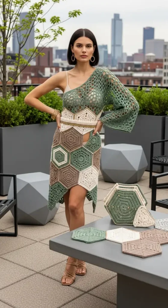 Modern Hexagon Motif One-Shoulder Dress
